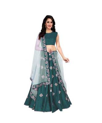Green Embroidered Art Silk Semi Stitched Lehenga 1