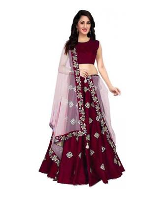 Maroon Embroidered Art Silk Semi Stitched Lehenga 1