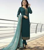 Turquoise embroidered satin salwar