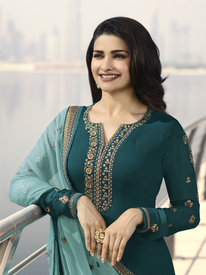 Turquoise embroidered satin salwar 2