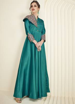 Dark-green embroidered silk long-kurtis 1