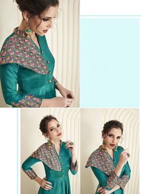 Dark-green embroidered silk long-kurtis 2
