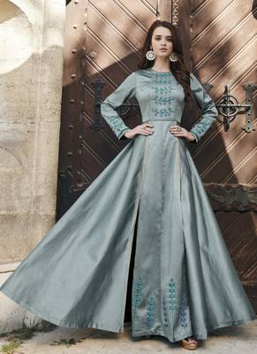 Grey embroidered silk long-kurtis 1