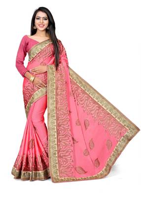 Pink embroidered silk saree with blouse 1