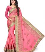 Pink embroidered silk saree with blouse