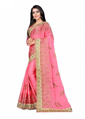 Pink embroidered silk saree with blouse 2