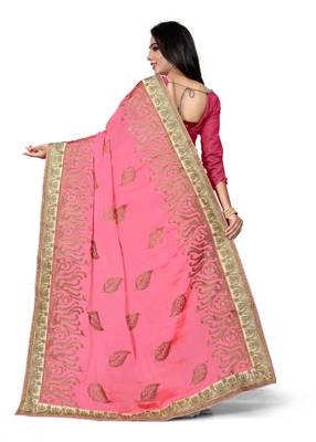 Pink embroidered silk saree with blouse 3