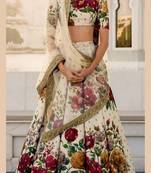 Cream Embroidered Art Silk Unstitched Lehenga