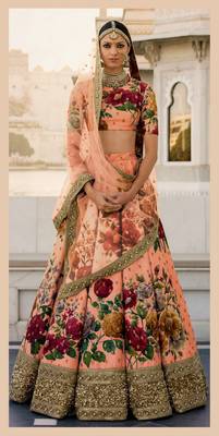 Peach Embroidered Art Silk Unstitched Lehenga 1