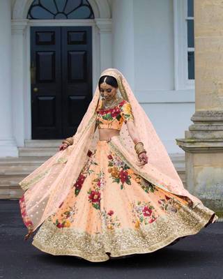Peach Embroidered Art Silk Unstitched Lehenga 2
