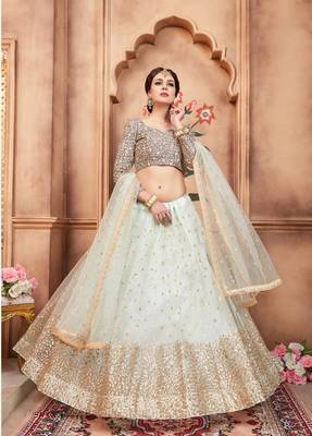 Turquoise Embroidered Net Unstitched Lehenga 1