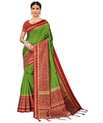 Green  printed Art Silk saree with blouse 1