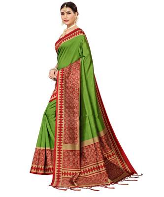 Green  printed Art Silk saree with blouse 4