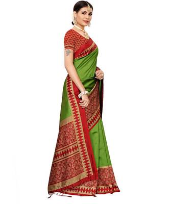 Green  printed Art Silk saree with blouse 5