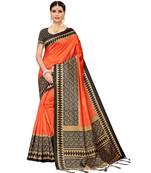Orange  printed Art Silk saree with blouse
