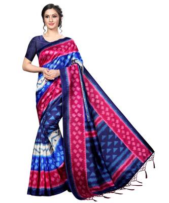 Blue printed Art Silk saree with blouse 1