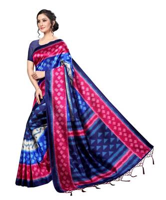 Blue printed Art Silk saree with blouse 5