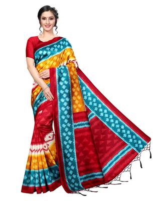 Red printed Art Silk saree with blouse 1