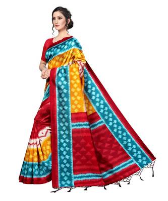 Red printed Art Silk saree with blouse 5