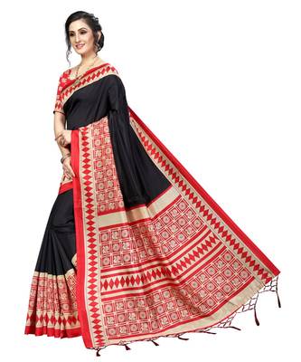 Black  printed Art Silk saree with blouse 5
