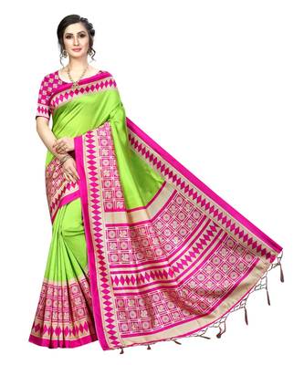 Green  printed Art Silk saree with blouse 1
