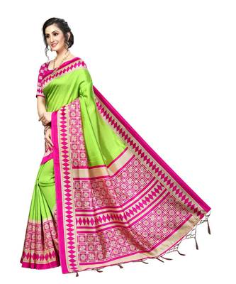 Green  printed Art Silk saree with blouse 5