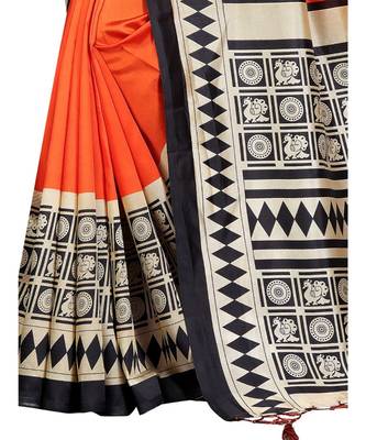 Orange  printed Art Silk saree with blouse 4