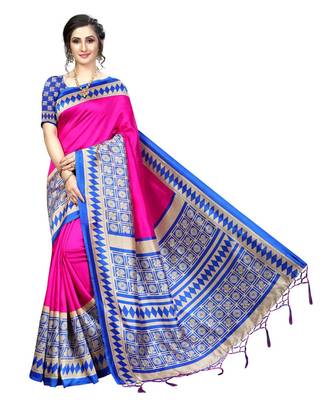 Pink  printed Art Silk saree with blouse 1