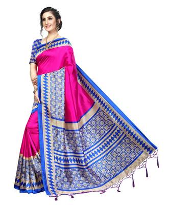 Pink  printed Art Silk saree with blouse 5