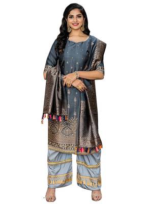 Grey Printed Faux Fancy Fabric Salwar 1