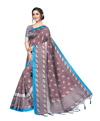 Brown printed Art Silk saree with blouse 4