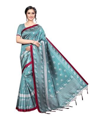 Turquoise printed Art Silk saree with blouse 1
