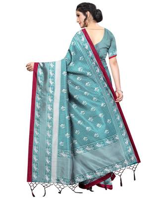 Turquoise printed Art Silk saree with blouse 2