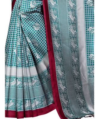 Turquoise printed Art Silk saree with blouse 4