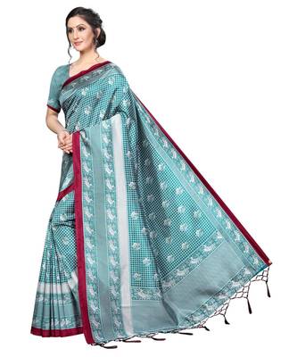 Turquoise printed Art Silk saree with blouse 5