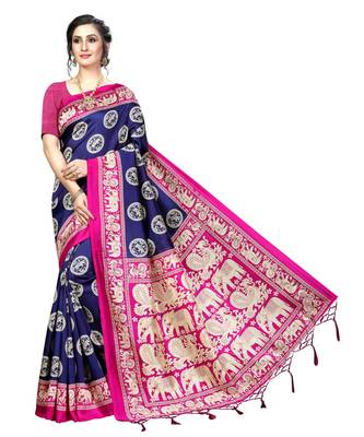 blue  printed Art Silk saree with blouse 1