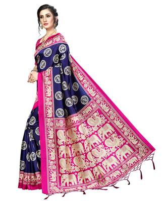 blue  printed Art Silk saree with blouse 4