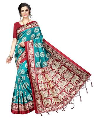 Turquoise  printed Art Silk saree with blouse 1