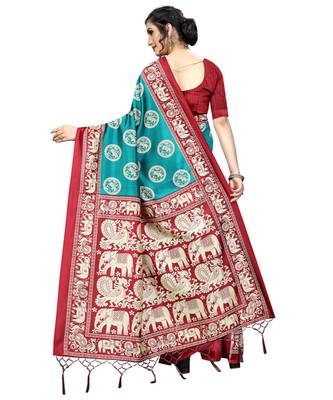 Turquoise  printed Art Silk saree with blouse 2