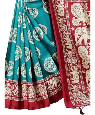 Turquoise  printed Art Silk saree with blouse 4