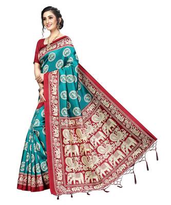 Turquoise  printed Art Silk saree with blouse 5