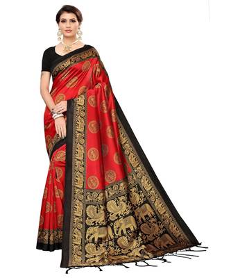 Red  printed Art Silk saree with blouse 1