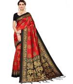 Red  printed Art Silk saree with blouse