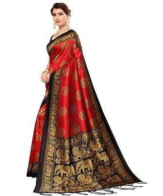 Red  printed Art Silk saree with blouse 4