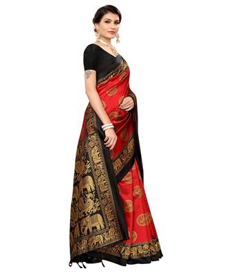 Red  printed Art Silk saree with blouse 5