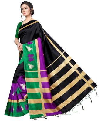 Black printed Art Silk saree with blouse 5