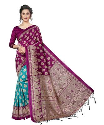 brown printed Art Silk saree with blouse 1
