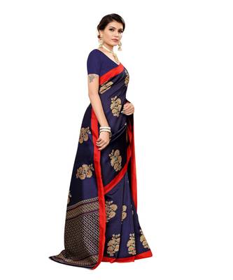 blue printed Art Silk saree with blouse 4