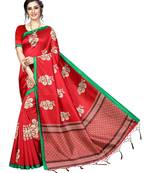 Red printed Art Silk saree with blouse