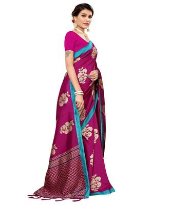 Pink printed Art Silk saree with blouse 4
